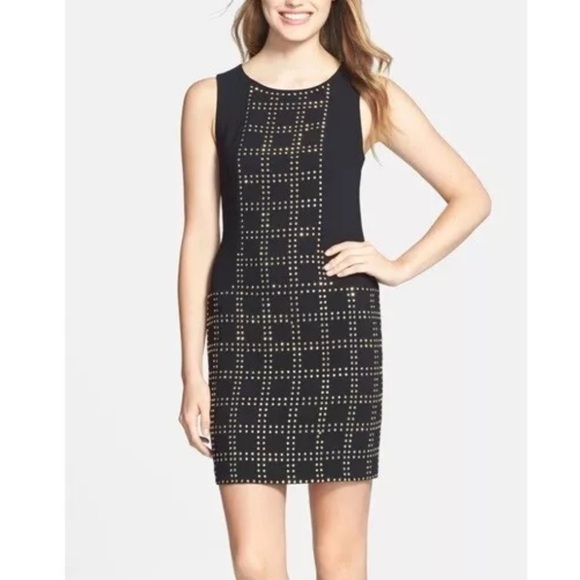 Trina Turk Blake Studded Grid-Pattern Sheath Dress Black Gold Mini Sz 4 wedding‎ - Picture 1 of 13